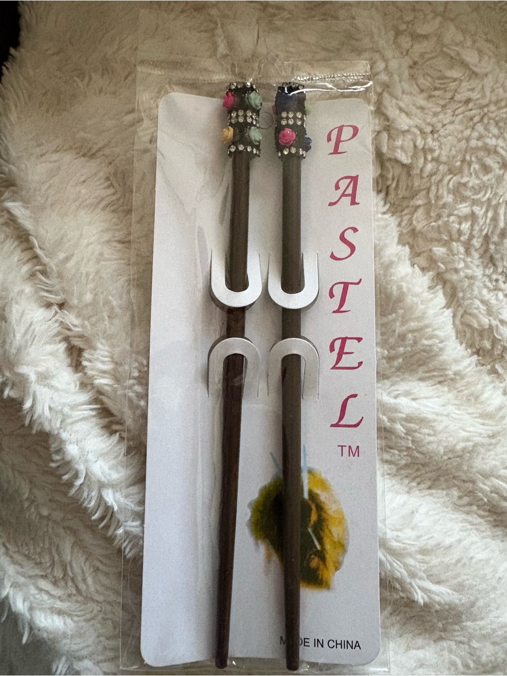 Pastels Brown Floral-Accent Hair Sticks with Rhinestones